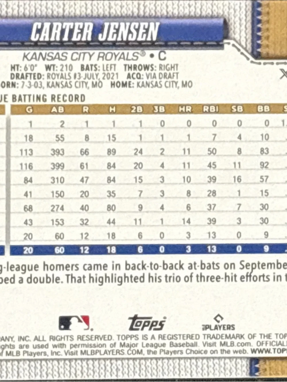 Topps KC Royals Rookie Baseball Trading Card - Carter Jensen
